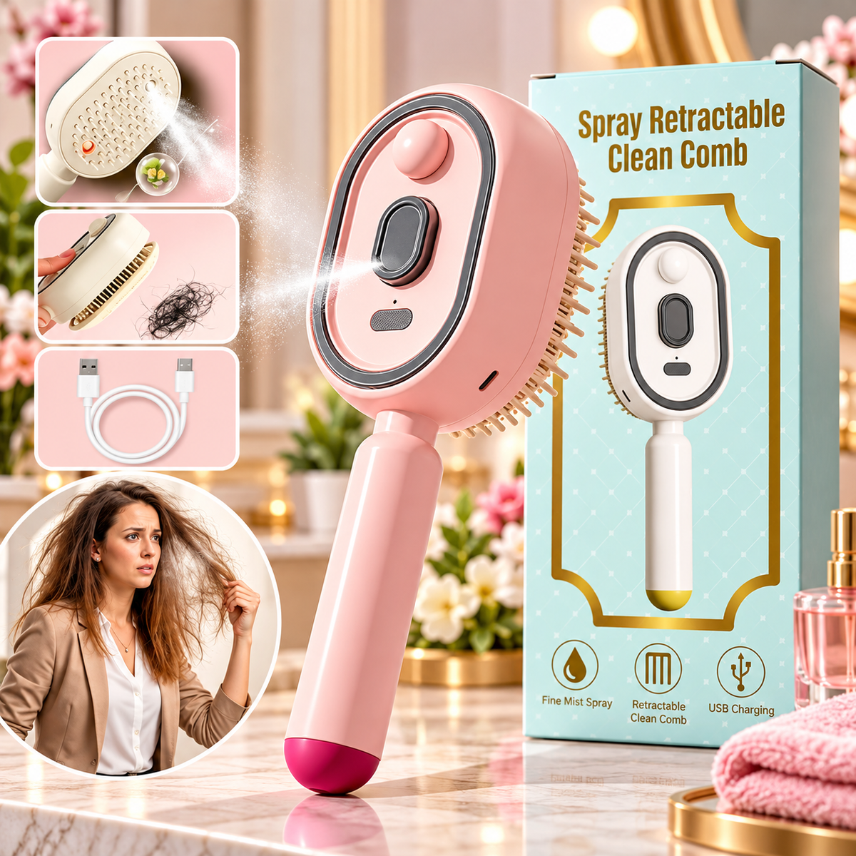 Electric Spray Retractable Air Cushion Hair Comb – Hydrating Hair Detangler