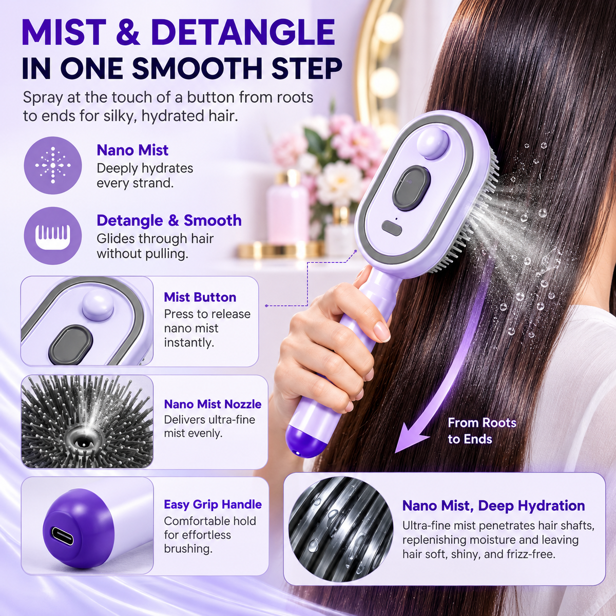 Electric Spray Retractable Air Cushion Hair Comb – Hydrating Hair Detangler