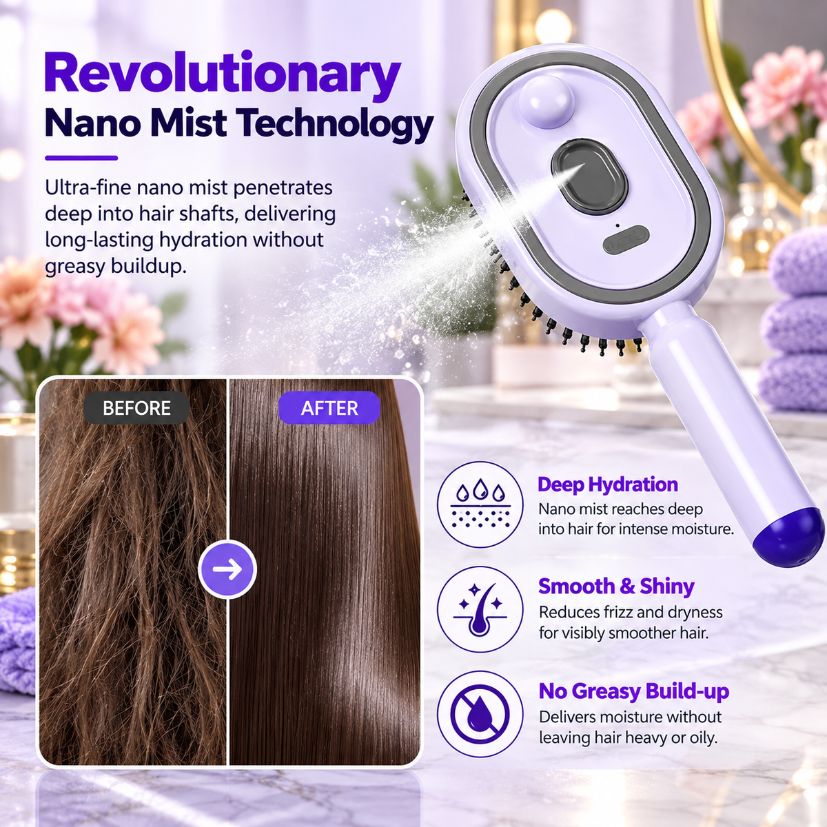 Electric Spray Retractable Air Cushion Hair Comb – Hydrating Hair Detangler